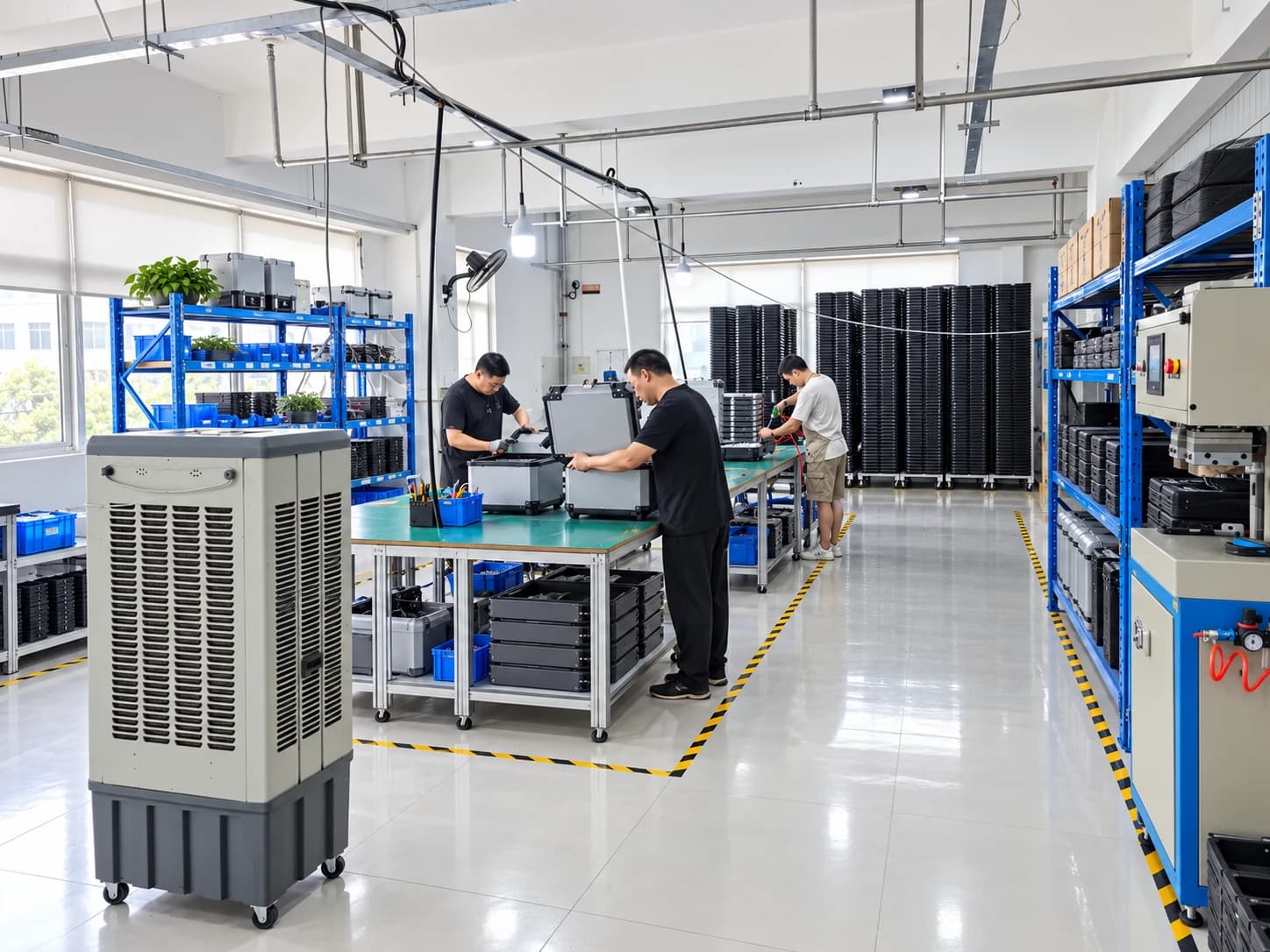 Staff assembling motorcycle top cases at worktables beside parts shelving.